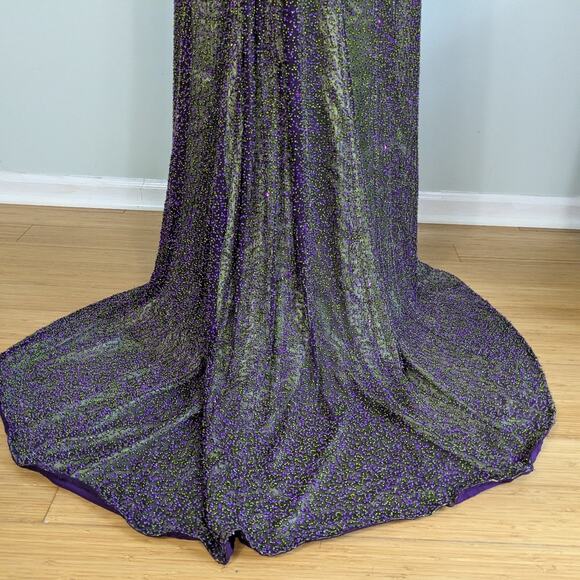 Je Matadi Prom Dress Maxi Gown 8 Purple Green Silk Bead Pageant Glam Train Y2K - Picture 9 of 16